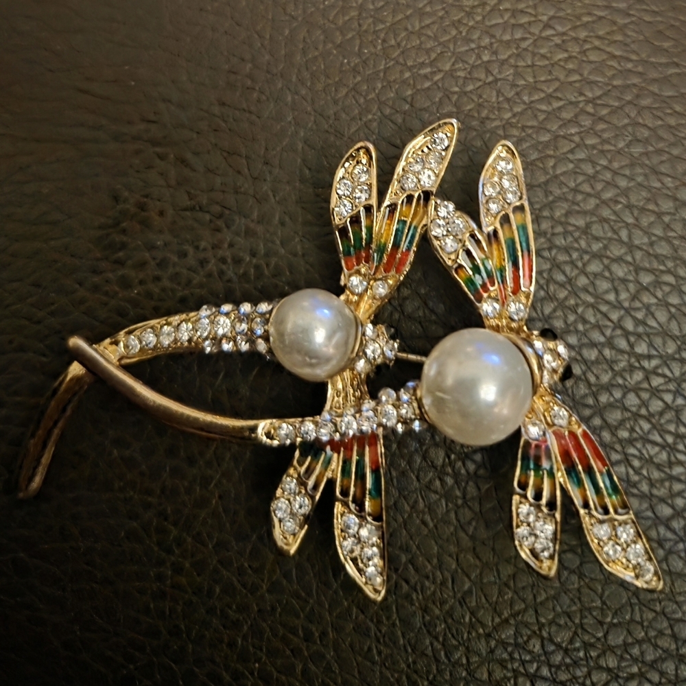 Double Dragonfly Pin/Brooch, Crystals & 'Pearls' - NEW!